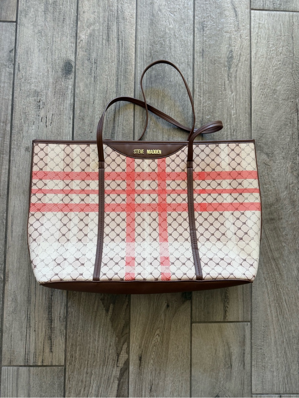 Steve Madden Coral Plaid Canvas Tote with Brown Trim